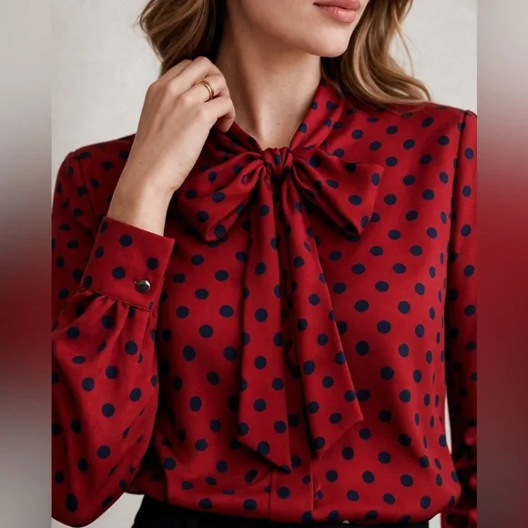 St John Silk Polka Dot Blouse Neck Tie Red Blue Size 12 - Picture 1 of 16